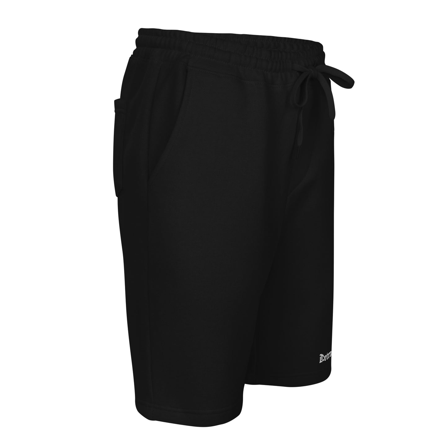 "Front-right view of Detroit Riot Club 8.5oz heavyweight fleece shorts. Highlights the tapered knee opening and premium 3-end fleece hardware."