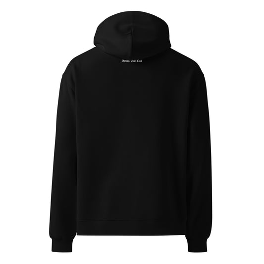 "Ghost mockup of Rear diagnostic view of the Legacy Crest Hoodie artifact. Highlights the clean, substantial drape and structural integrity of the heavyweight 3-end fleece hardware."