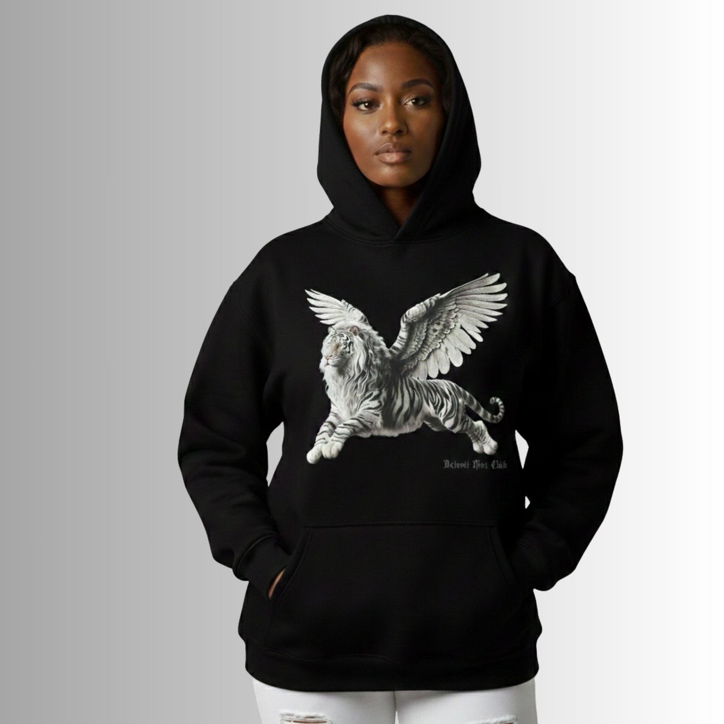 Detroit Riot Club Aether Liger Hoodie Void Black, female model front profile view, with hood on, oversized fit 320 GSM fleece clothing