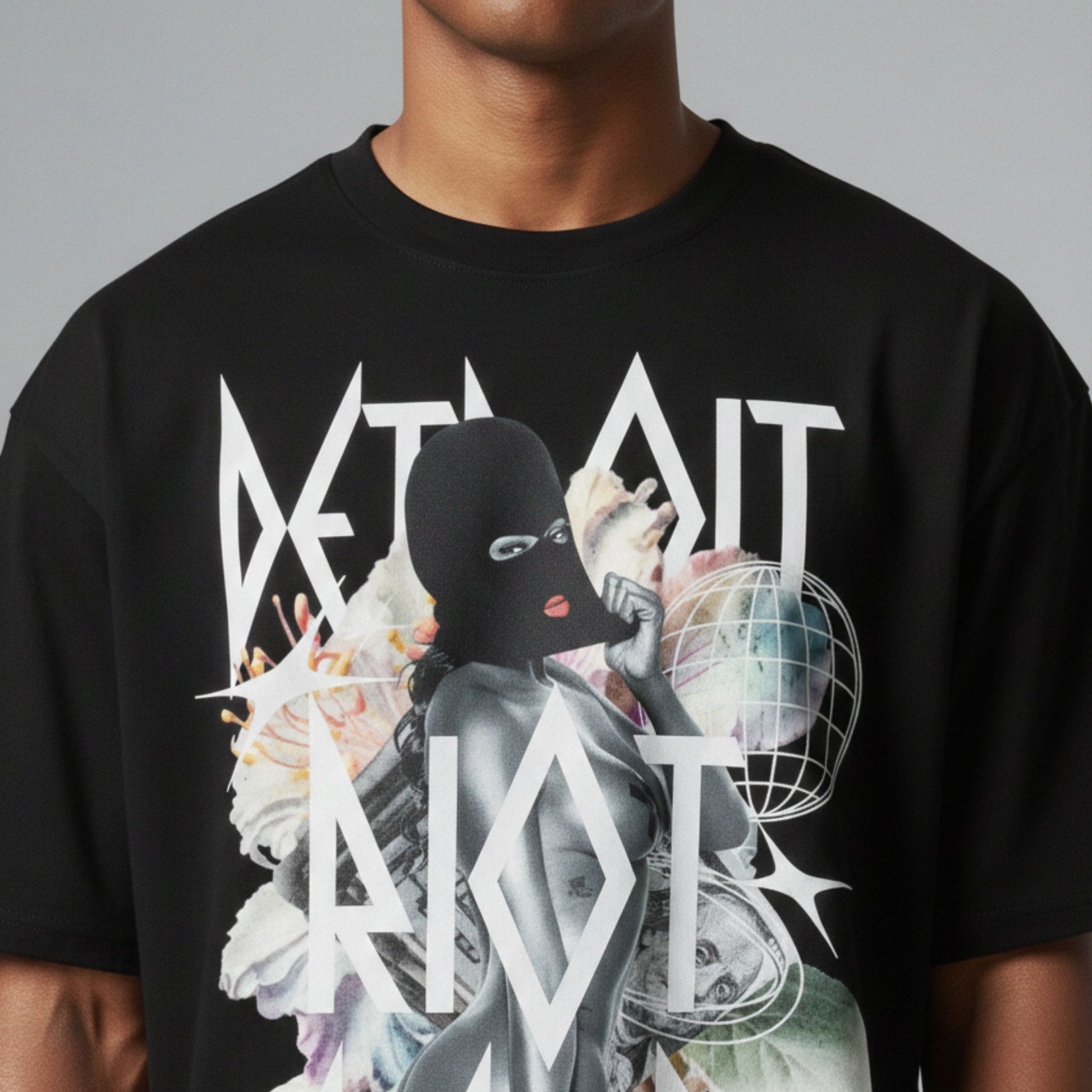 High-fidelity surrealist graphic on a black heavyweight tee featuring a masked female silhouette layered with floral blooms, geometric globes, and sharp Detroit Riot Club typography.
