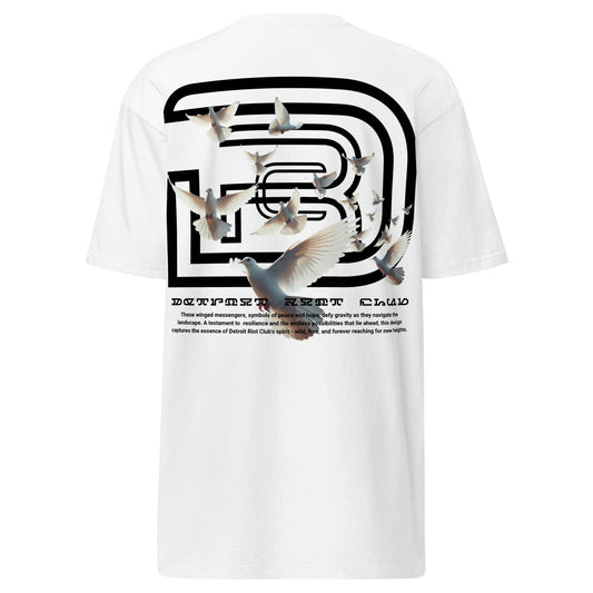 Product"Rear diagnostic ghost mockup of the 6.5oz Dove Echo Tee in White. Main graphic design on back. Highlights the side-seamed construction and clean, authoritative drape of the premium hardware." front mockup