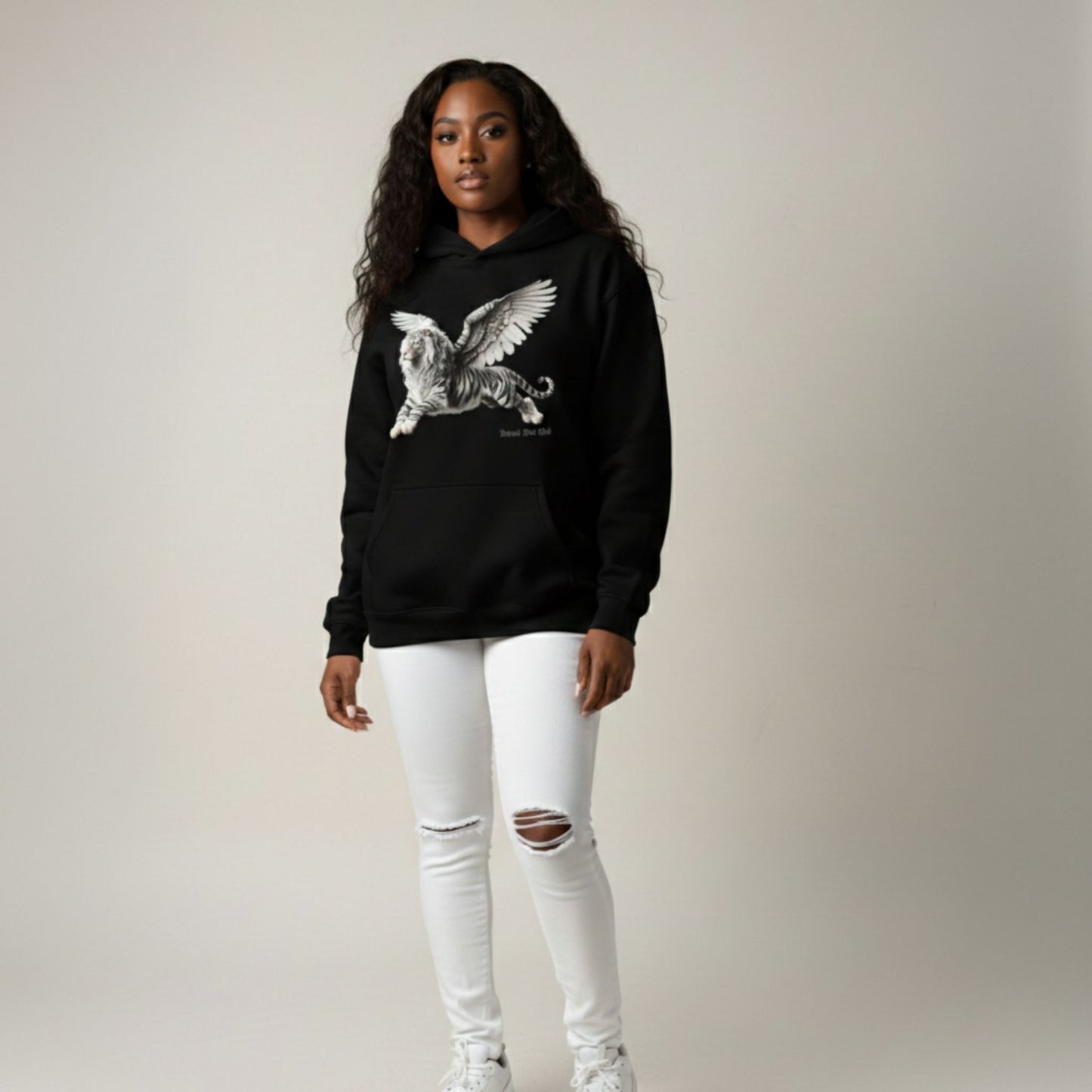 Detroit Riot Club Aether Liger Hoodie Void Black, female model front profile view, full silhouette with hood off, oversized fit 320 GSM fleece clothing