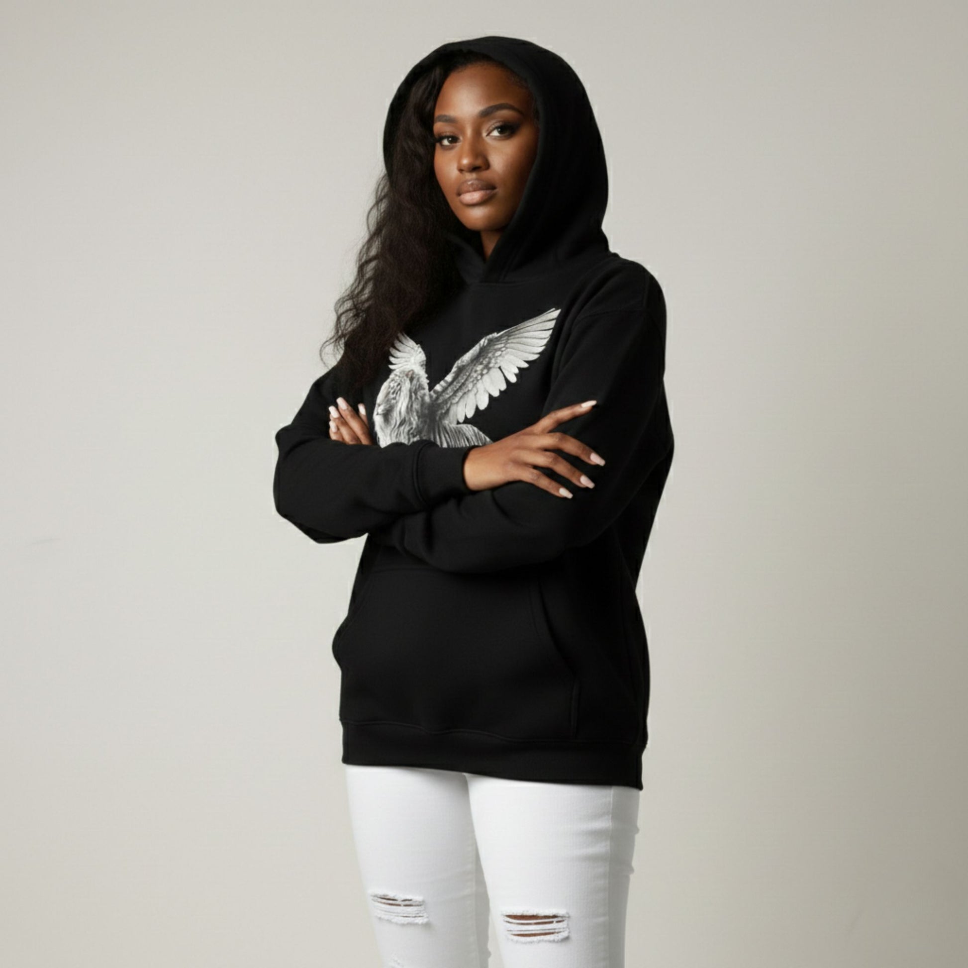 Detroit Riot Club Aether Liger Hoodie Void Black, female model front close profile view, with hood on, oversized fit 320 GSM fleece clothing.