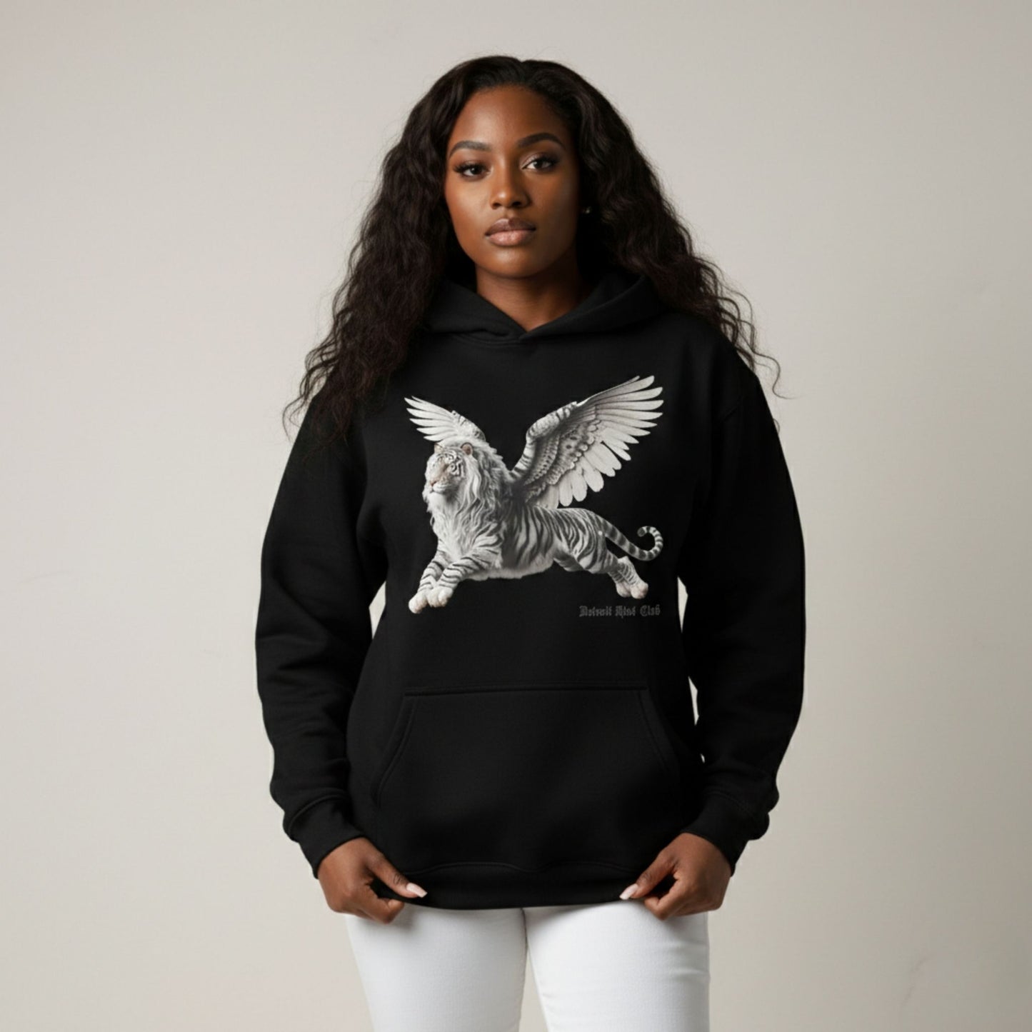Detroit Riot Club Aether Liger Hoodie Void Black, female model front close profile view, with hood off, oversized fit 320 GSM fleece clothing