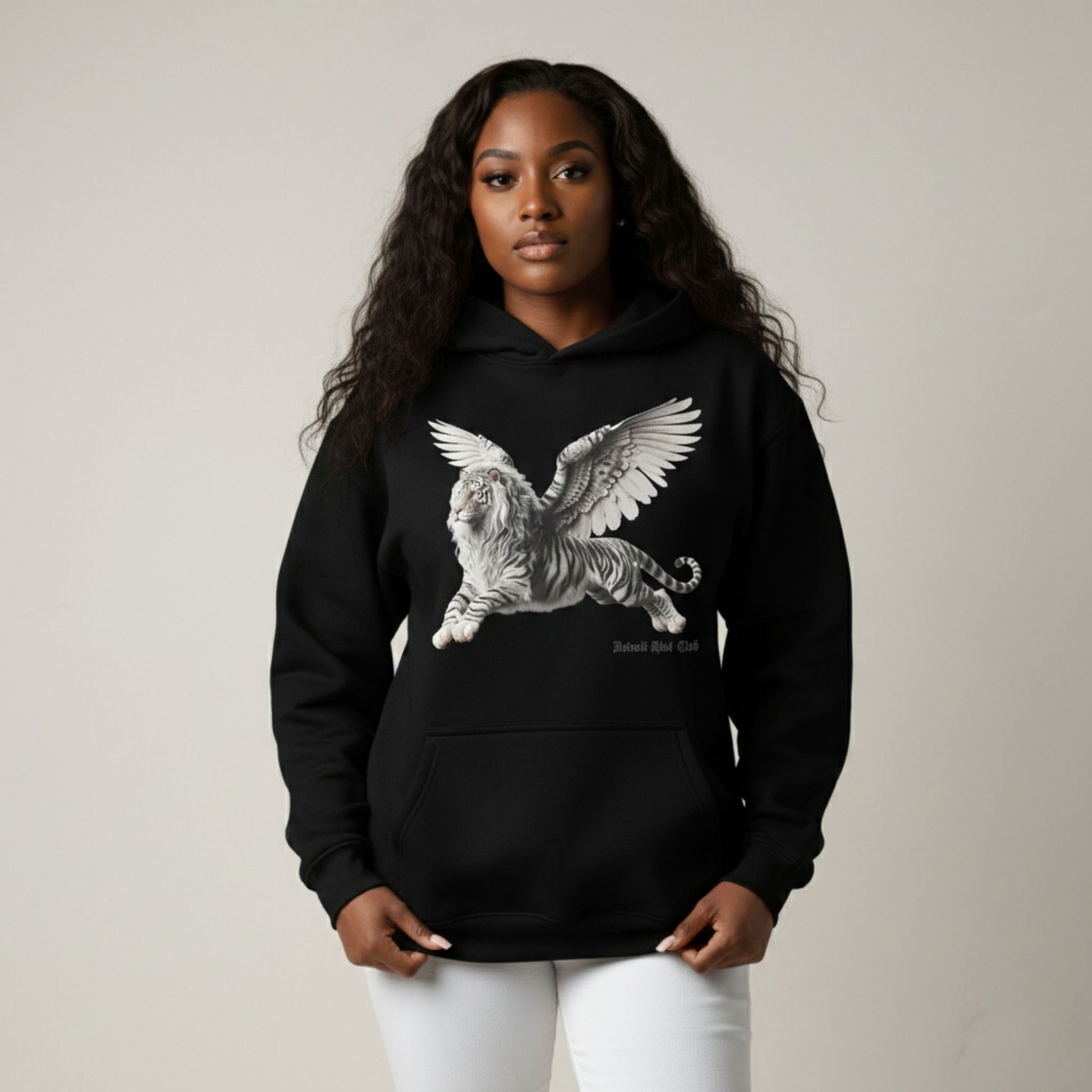 Detroit Riot Club Aether Liger Hoodie Void Black, female model front close profile view, with hood off, oversized fit 320 GSM fleece clothing