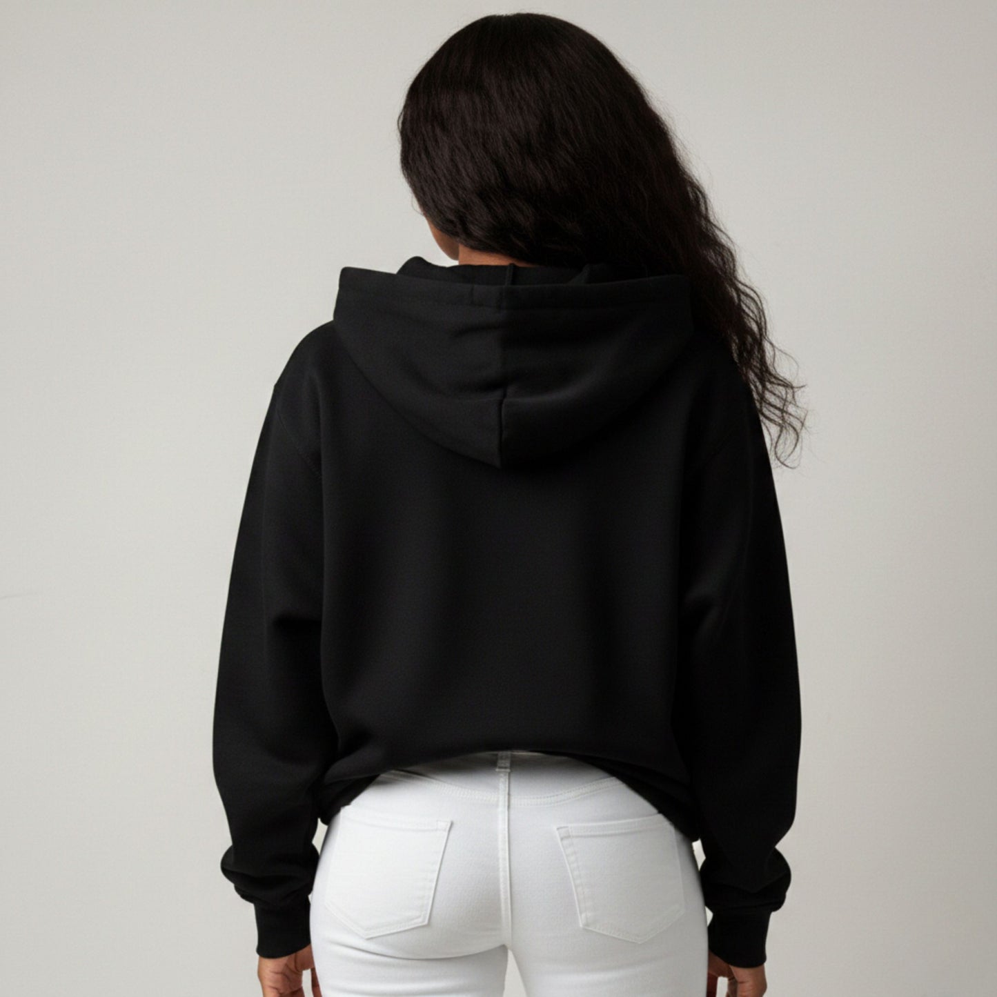 Detroit Riot Club Aether Liger Hoodie Void Black, female model rear profile view, with hood off, oversized fit 320 GSM fleece clothing.