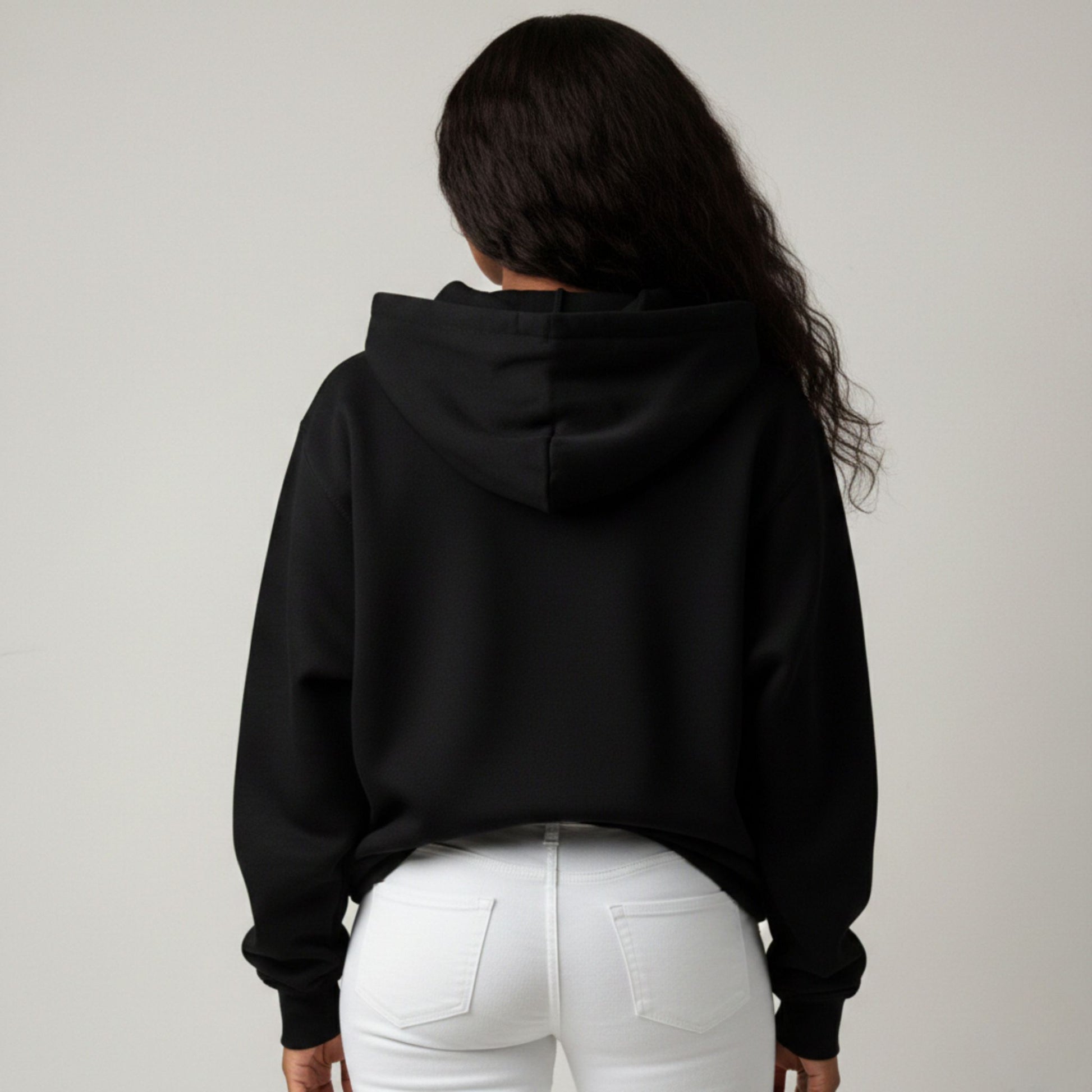 Detroit Riot Club Aether Liger Hoodie Void Black, female model rear profile view, with hood off, oversized fit 320 GSM fleece clothing.