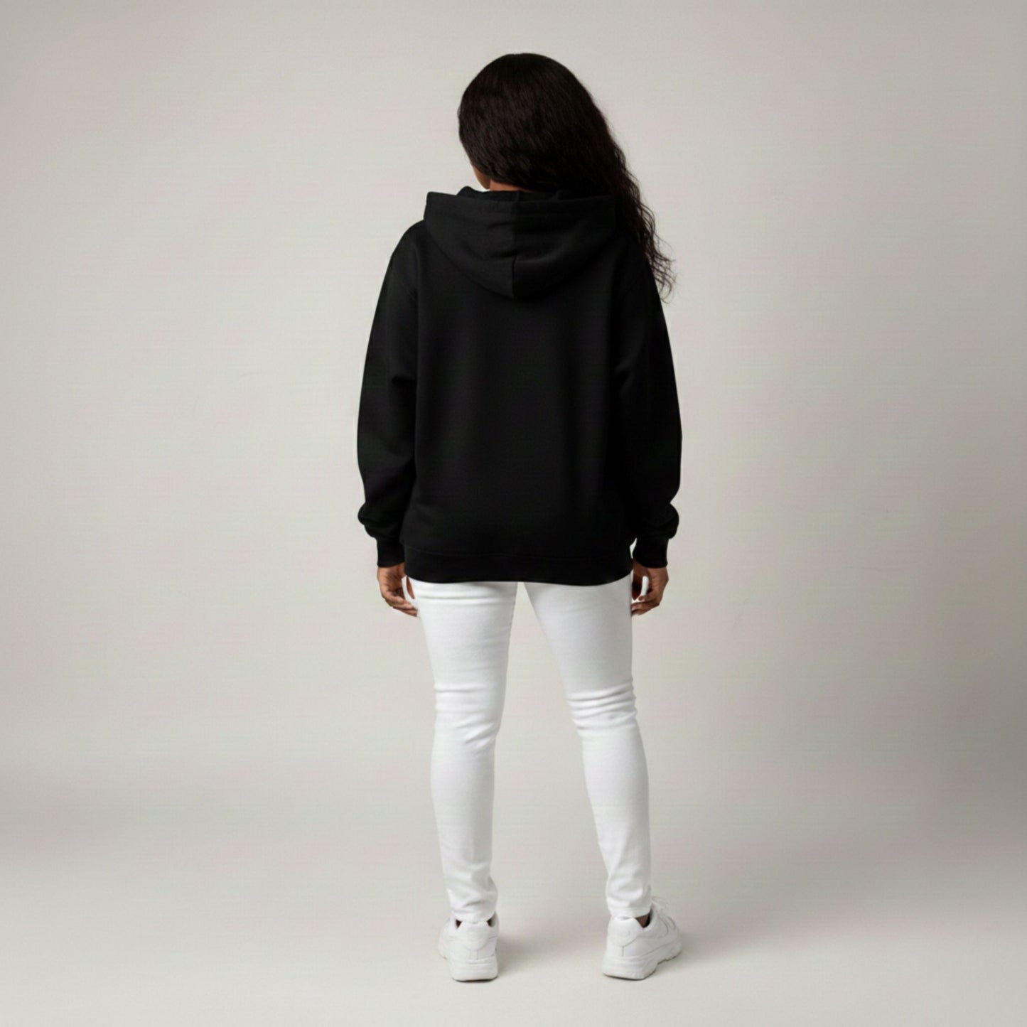 Detroit Riot Club Aether Liger Hoodie Void Black, female model rear silhouette view, with hood off oversized fit 320 GSM fleece clothing.