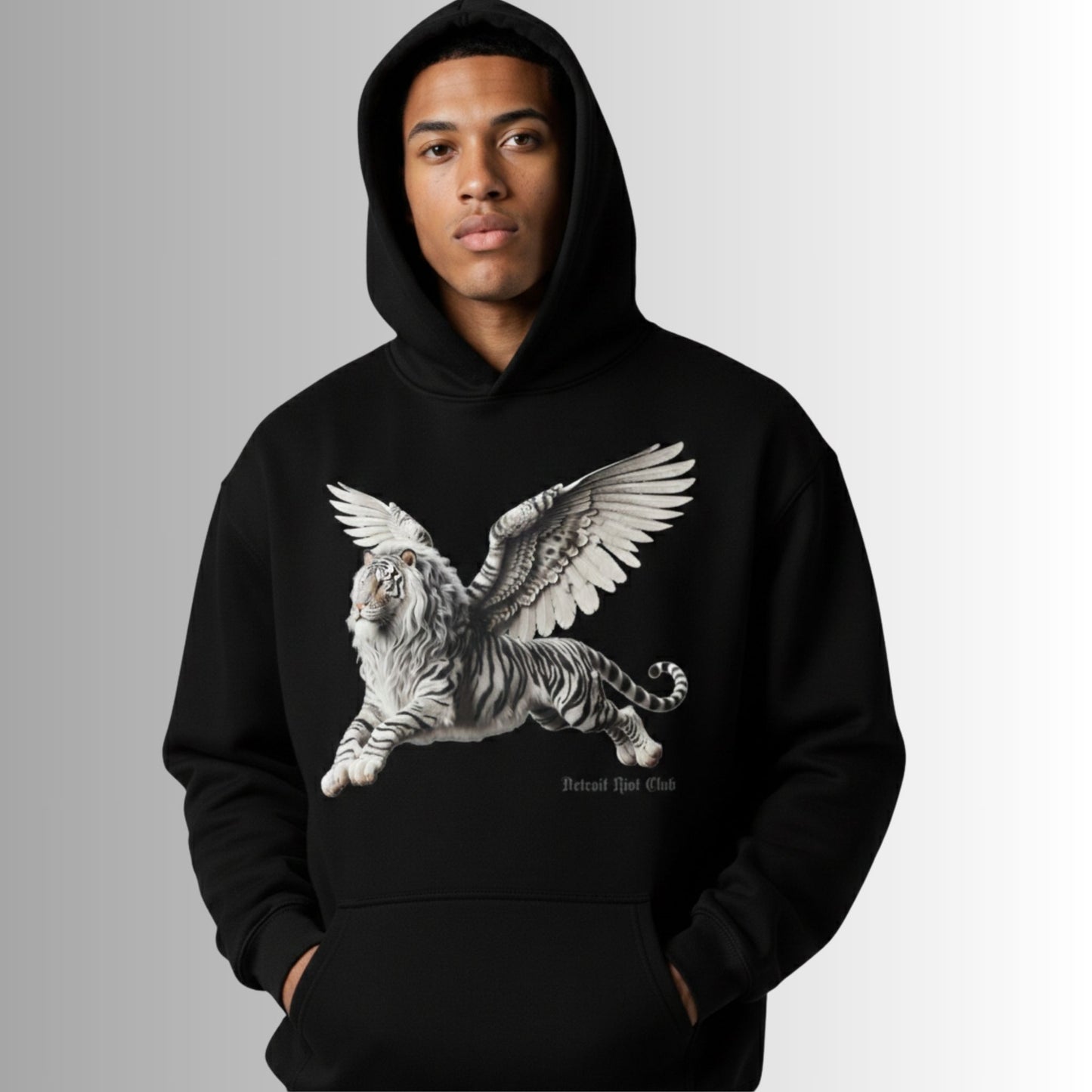 Detroit Riot Club Aether Liger Hoodie in Void Black, 9.4oz heavyweight hardware, male model front view, hood on, hands in front pocket, premium streetwear