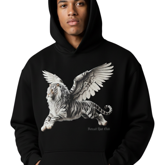 Detroit Riot Club Aether Liger Hoodie in Void Black, 9.4oz heavyweight hardware, male model front view, wearing hood, premium streetwear.