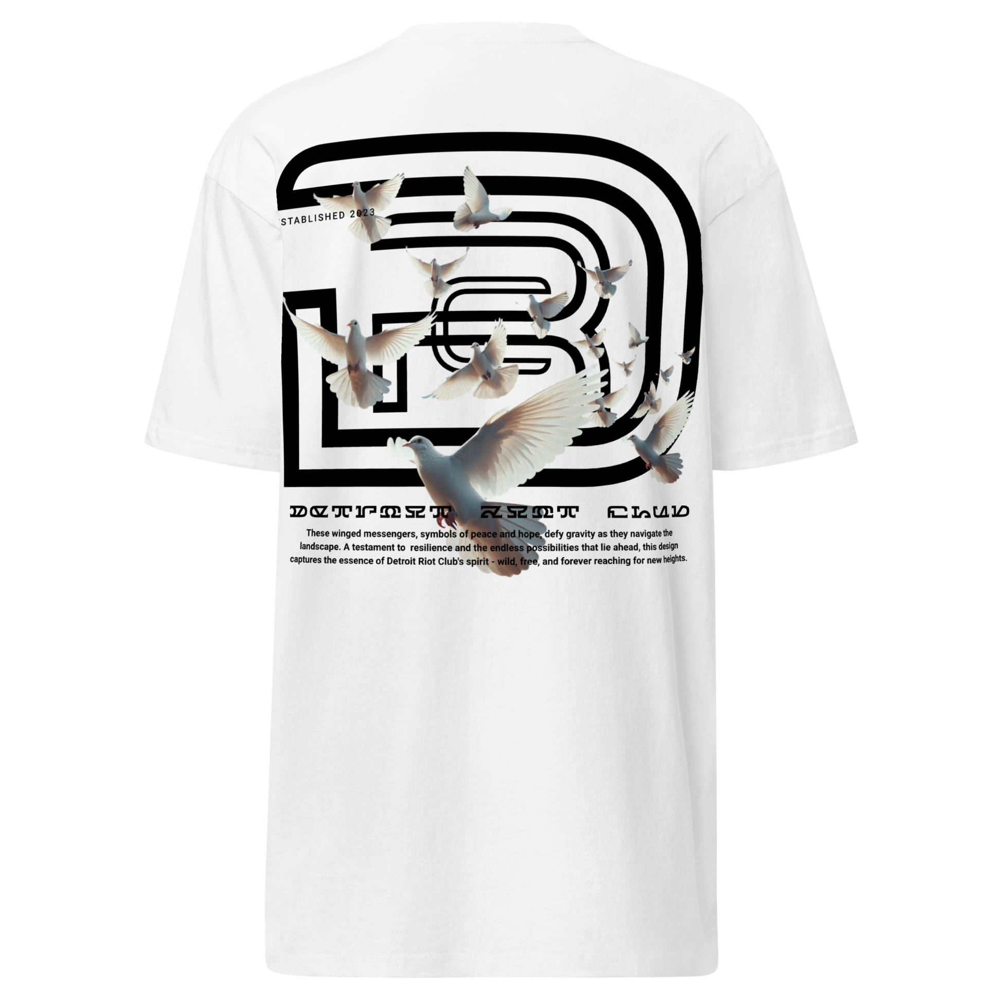 White t-shirt with black and gray graphic design on a white background